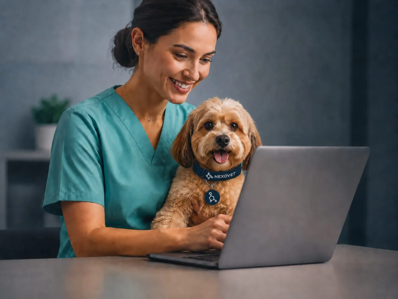 Veterinaria trabajando con NexoVet junto a su paciente